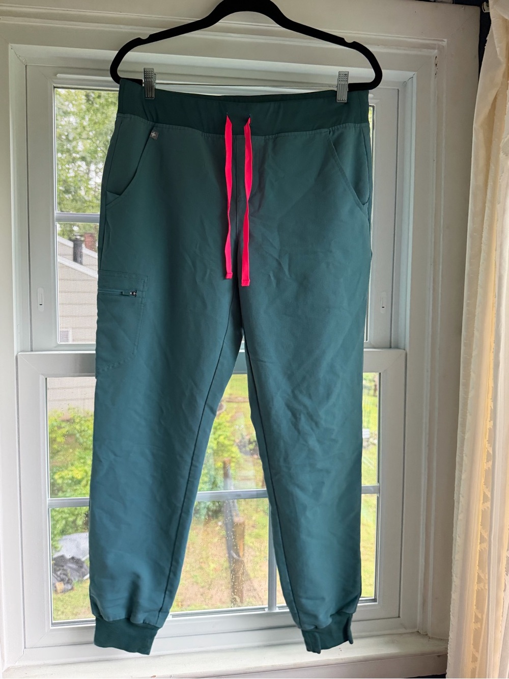 Figs Teal Jogger Pants with Neon Pink Drawstring
